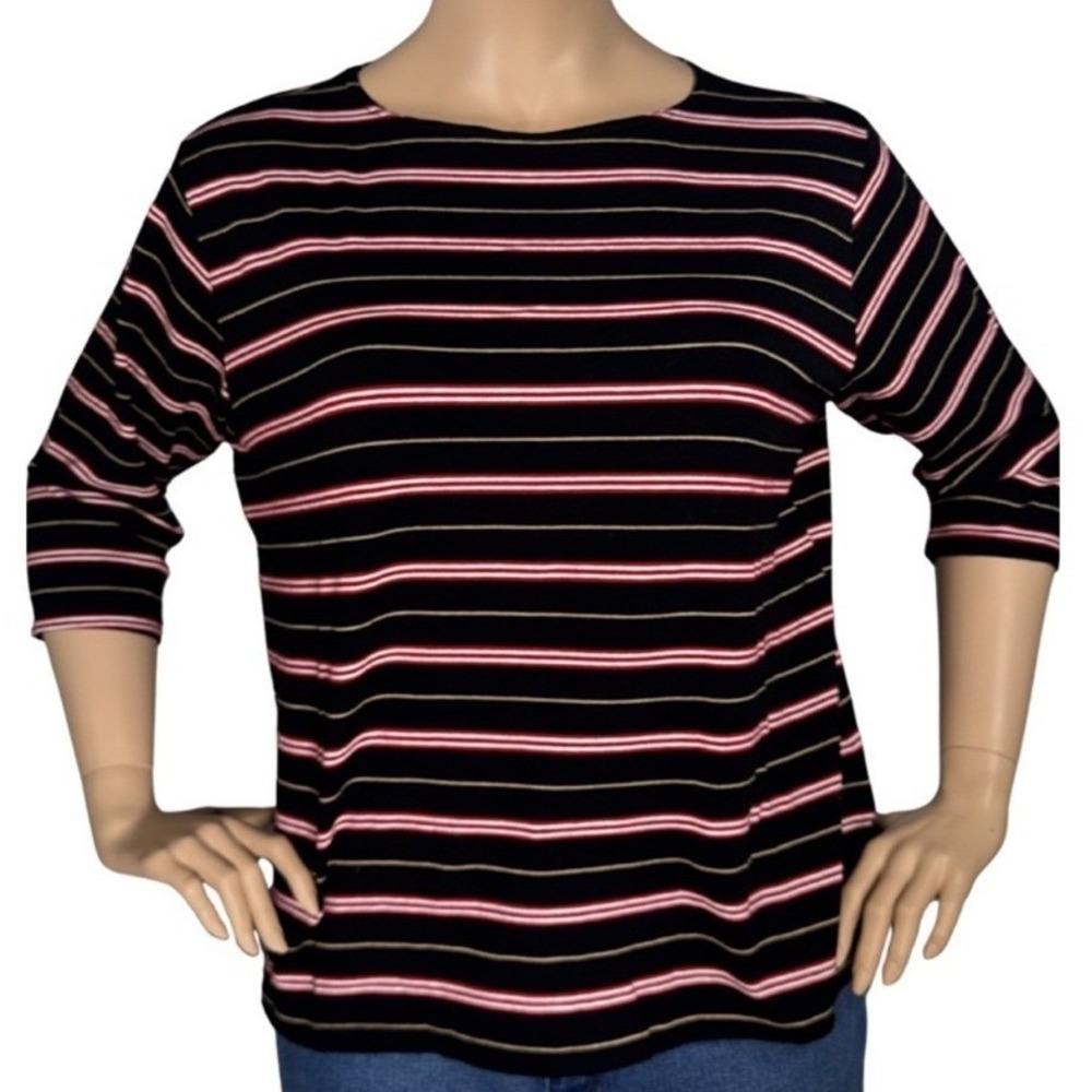 SML Woman Striped 3/4 Sleeve Knit Top Black Red Gold Plus Size 3X Made in USA